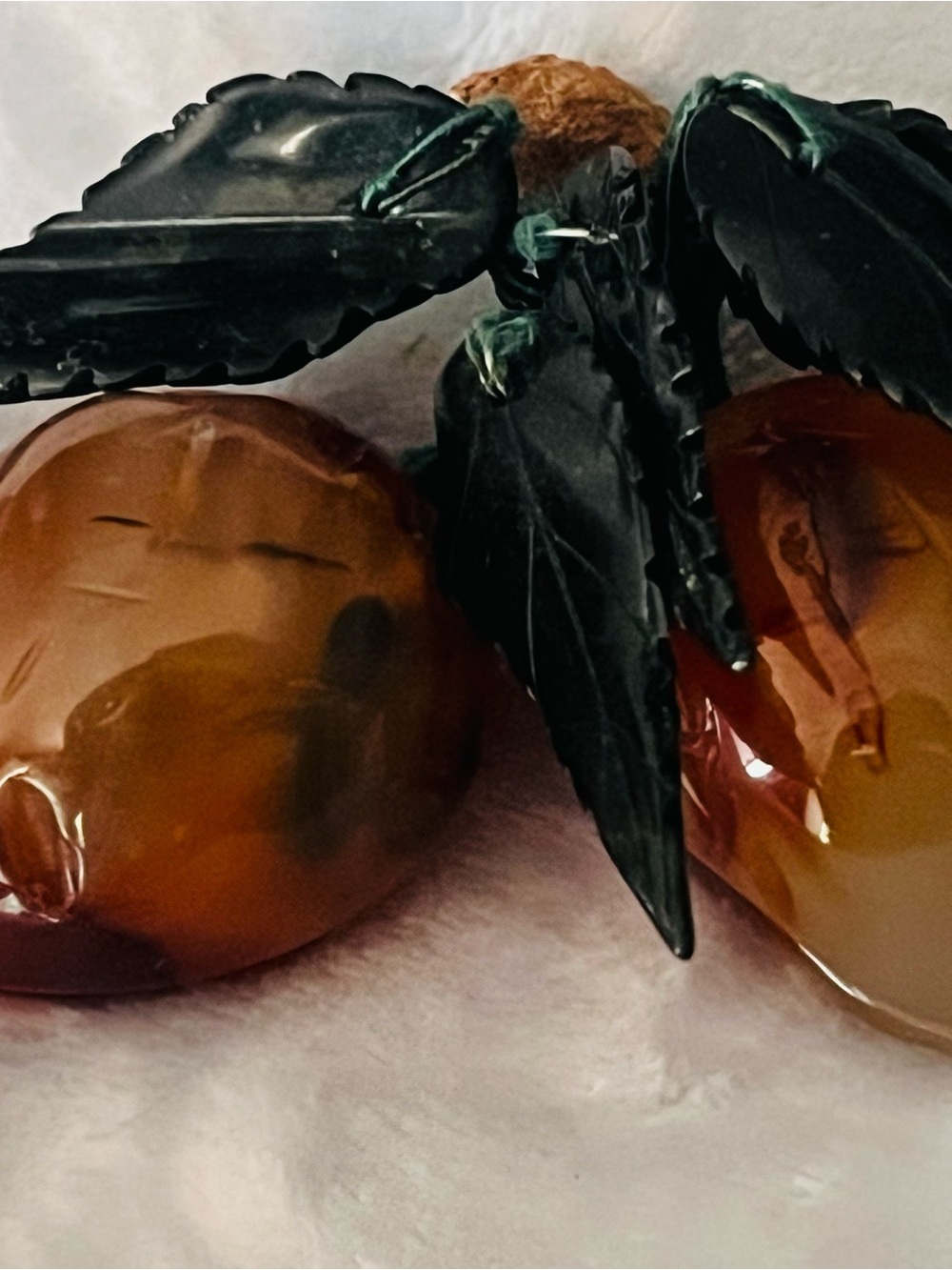 Amber Glass Fruit Decorative Accent with Dark Green Leaves